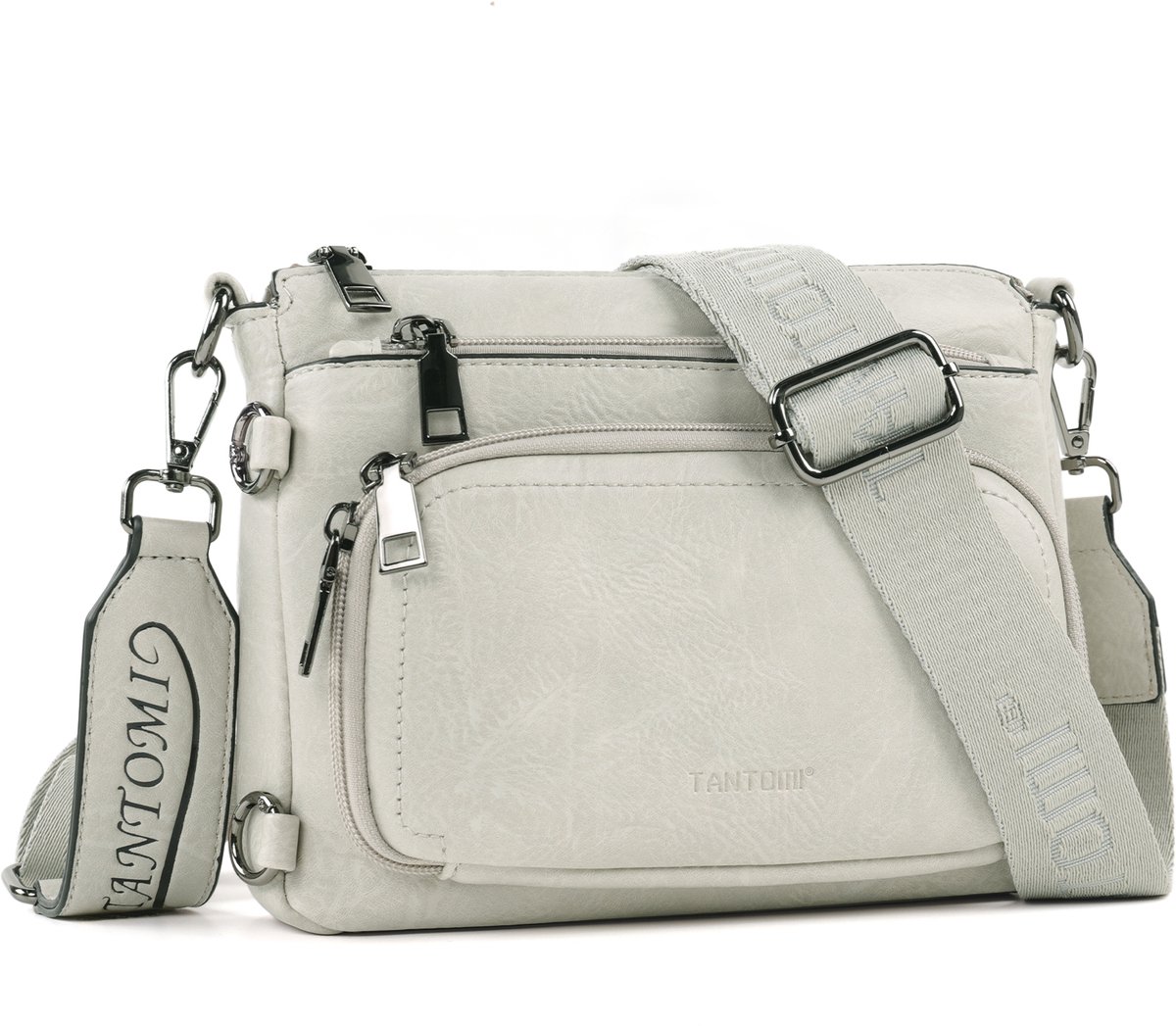TANTOMI - Schoudertas dames - Crossbody tas - met met verstelbare en afneembare brede Schouderband - met meerdere ritsvakken - kleine schoudertas - Wit-grijs