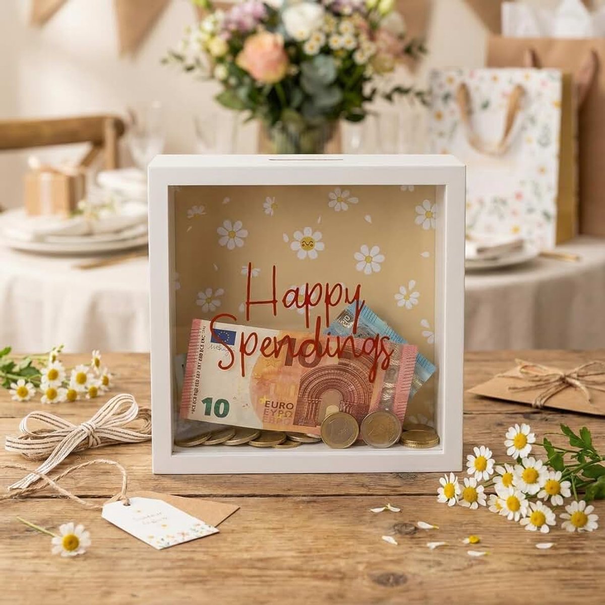 Spaarpot van hout met glazen voorkant – decoratieve spaarlijst voor geldgeschenken voor bruiloft, verjaardag, reizen & meer – creatieve geldbox (Happy Spendings - wit, 20 x 20 x 5 cm)