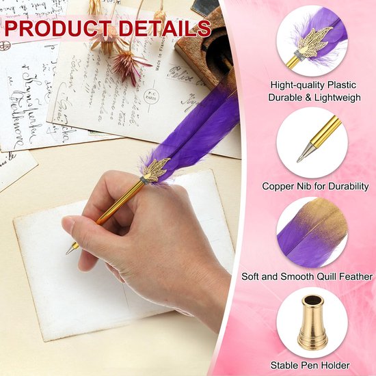 Balpen Bulk Geraffineerde Vintage Veer Kalligrafie Pen met Gouden Pen Houder voor Gast Handtekening Bruiloft Bruids Kantoor Schrijven, Paars — afbeelding 3