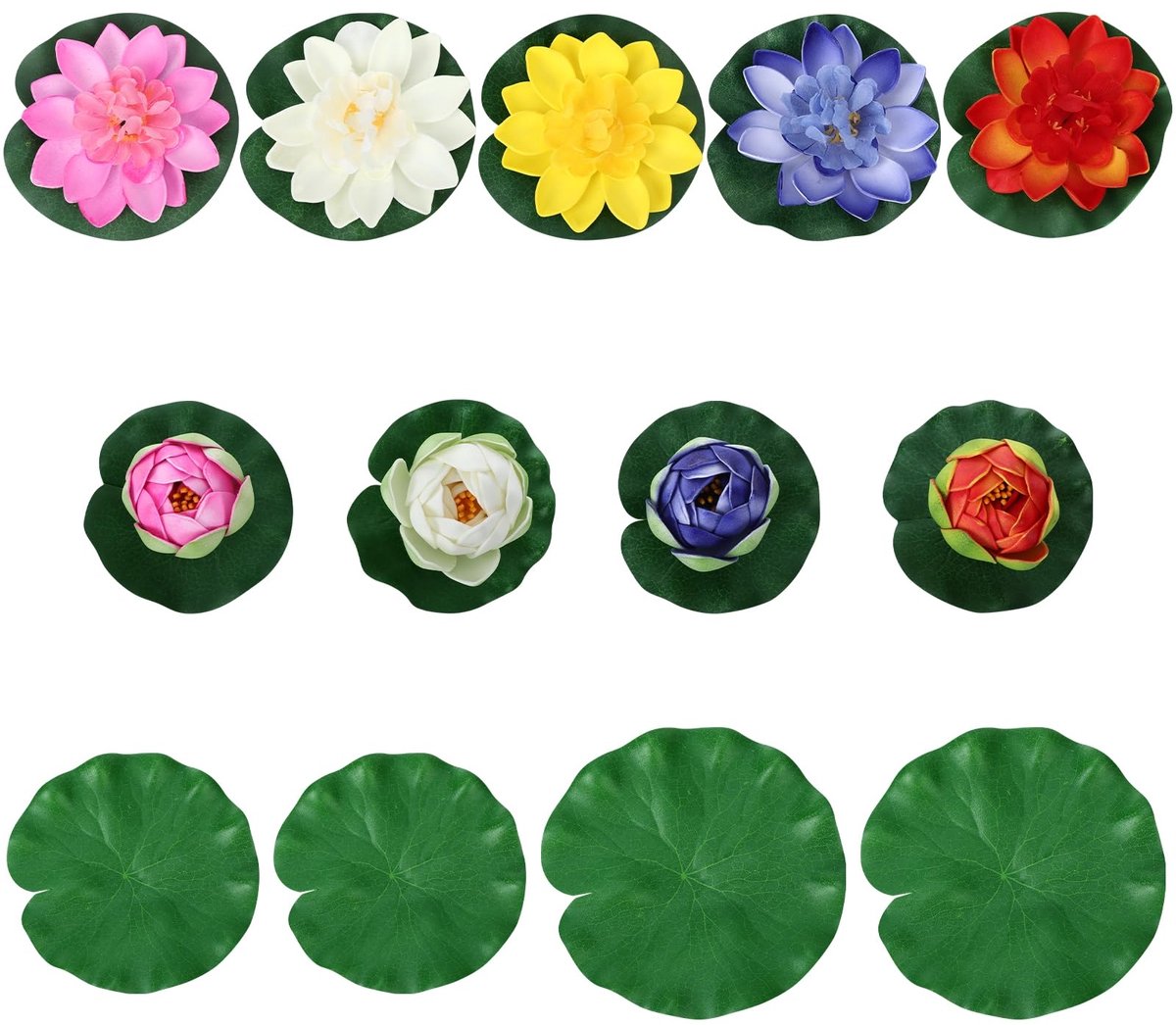 9 stuks waterlelies met 4 lotusbladeren, kunstmatige zeerlies, lotusbloem, mini-vijverdecoratie, kunstmatige vijverplanten, drijvende bloemen voor aquarium, terras, tuin, vijver