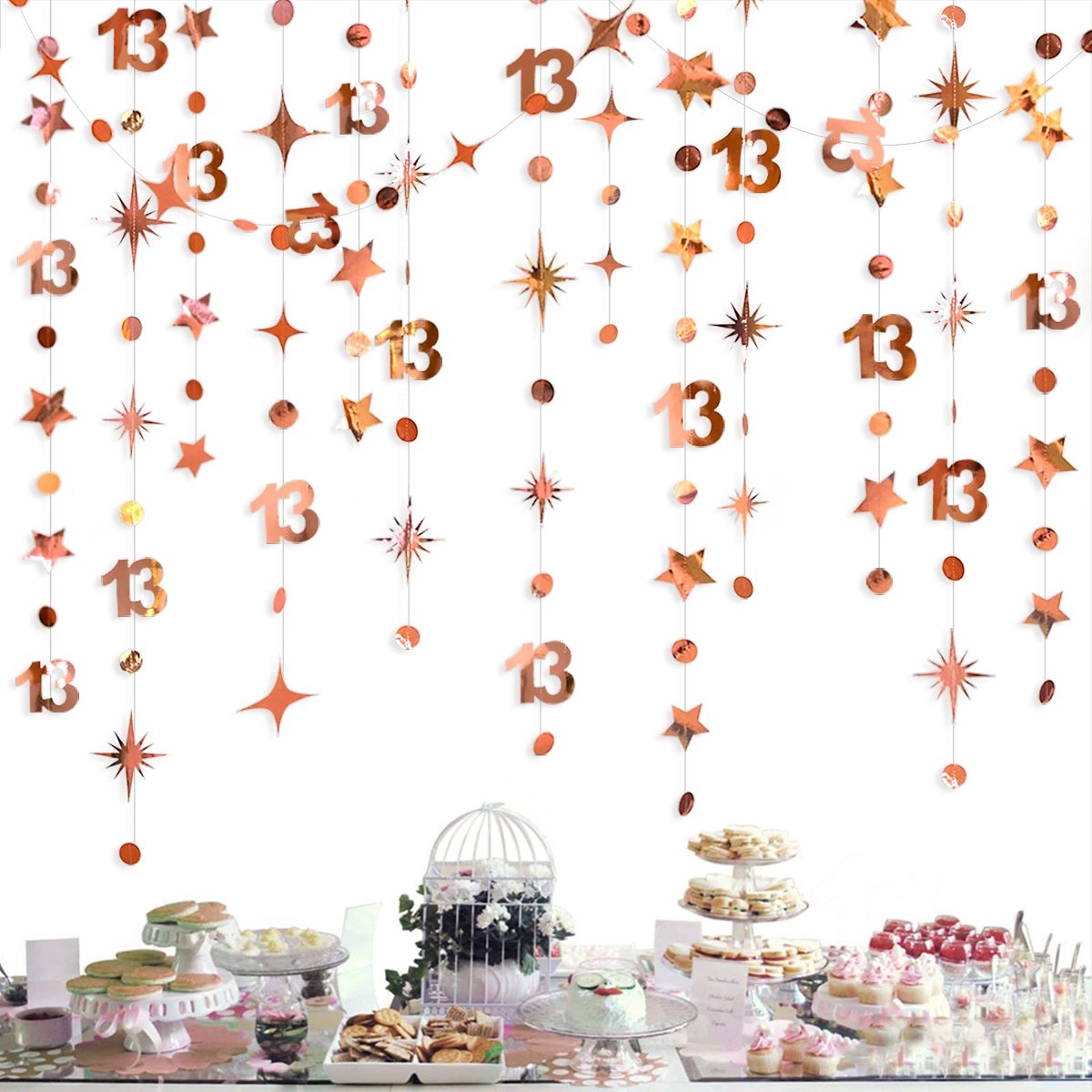 Gold 13e Verjaardag Decoraties Nummer 13 Cirkel Dot Twinkle Star Garland Metallic Opknoping Streamer Bunting Banner Achtergrond voor Meisjes 13 Jaar Oude Verjaardag Dertien Officiële Tiener