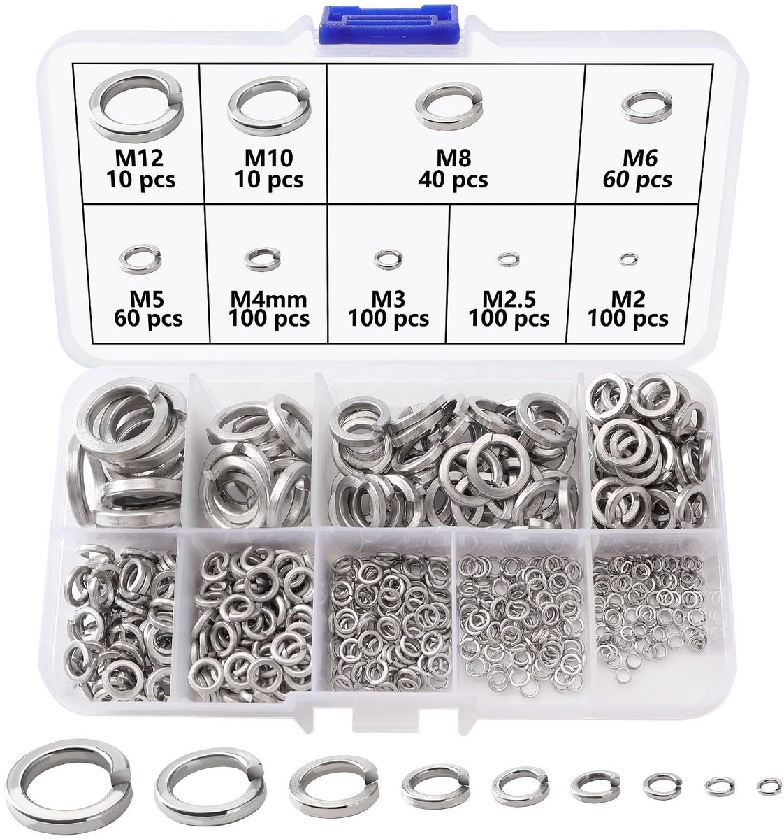 580 Stuks M2 M2.5 M3 M4 M5 M6 M8 M10 M12 304 Roestvrij Staal Veerringen Assortiment Set, Spiraalvormige Veerringen, voor Het Aandraaien van Schroeven