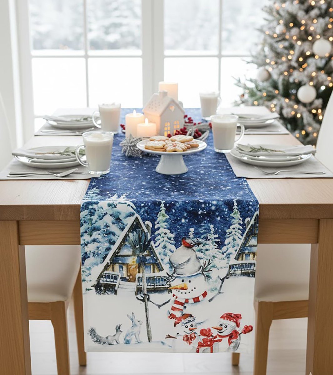 Kersttafelloper met sneeuwpopmotief en winterlandschap, feestelijk decoratief tafelkleed, eettafel, keuken, woonkamer, onderhoudsvriendelijk, winter, Kerstmis (winter