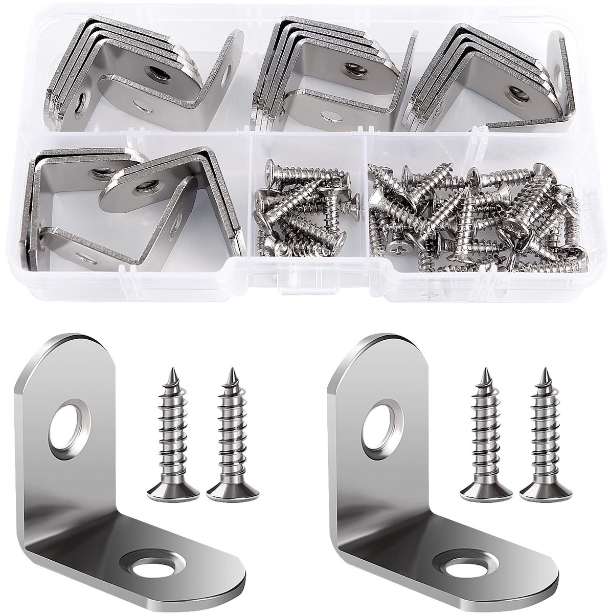 20 Stuks 25x25x16x2 mm L-beugels, Hoekbeugels, 90 Graden Haakse Beugelbevestiging, Roestvrijstalen L-vormige Hoekbeugels, met 40 Stuks Schroeven, voor Meubels Bureau Tafelplank