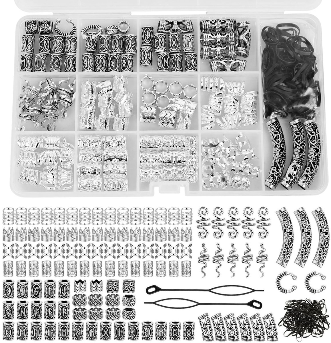 219 stuks Viking-baardkralen, haarkralenset, Scandinavische runenkralen, dreadlocks sieraden, haarslang, kralen, baardsieraad voor doe-het-zelf halsketting, hanger, haarbaard-decoratie voor