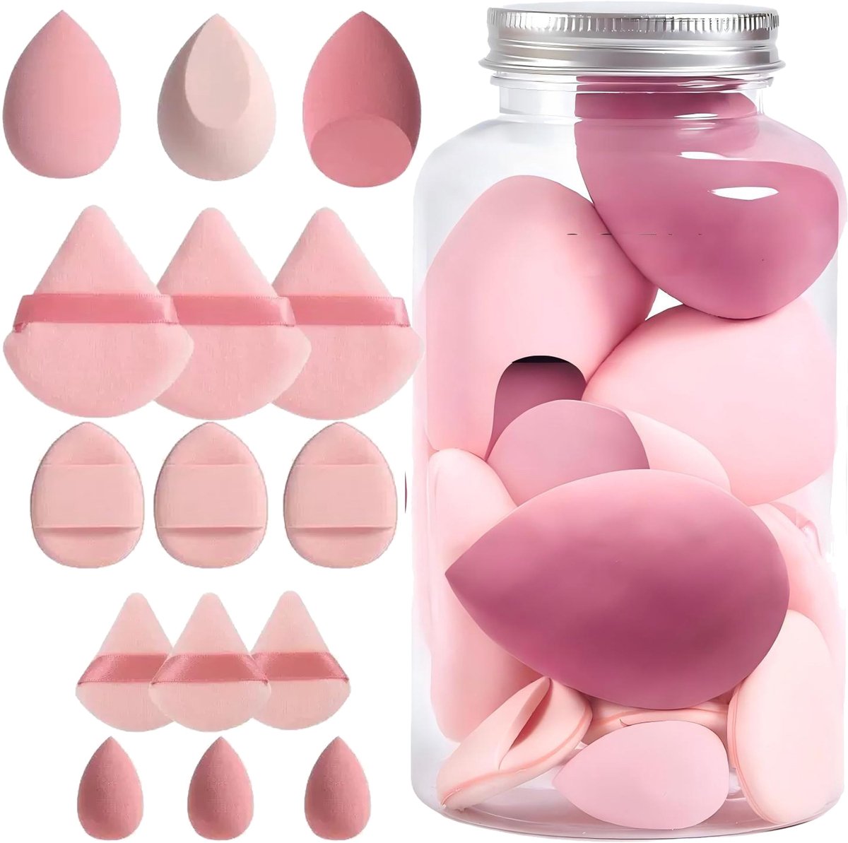 poederpads, make-upspons, make-upspons voor foundations, poedervloeistoffen, enz., gezichtsspons wordt geleverd in 4 vormen (roze)