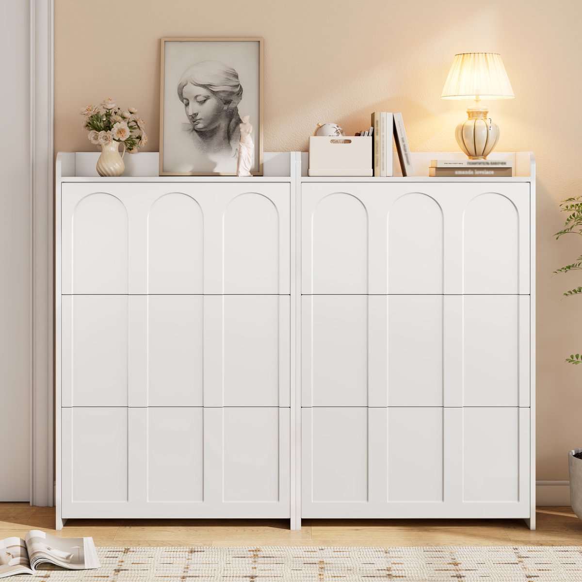REDOM - Schoenenkast - 6 klepdeuren met 12 vakken - lade en meerlaagse opbergruimte - Moderne stijl - Hal - MDF - Wit - 140 x 25 x 120 cm