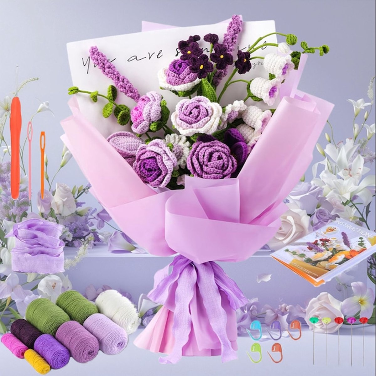 Haakpakket - TENZHVXI® - Roos, doe-het-zelf handgemaakt boeket - Complete haakset met haaknaalden, garen en instructievideo's - Cadeau voor verjaardagen, jubilea, diploma-uitreikingen, bruiloften, feestjes, huisdecoratie enz - Paars