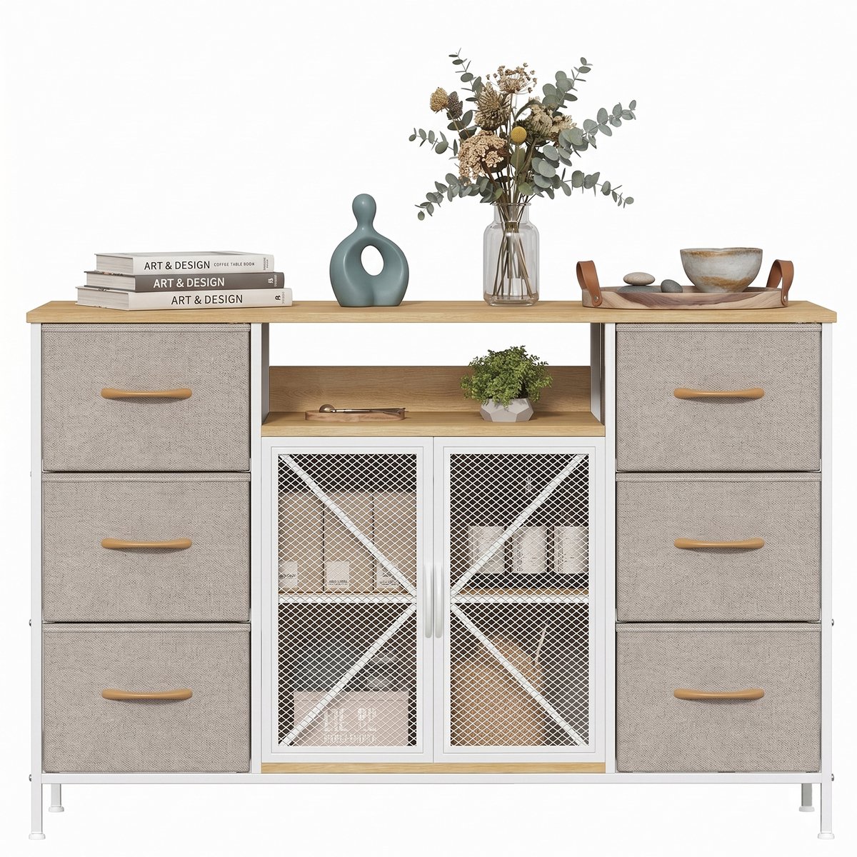 Ladekast met 6 Stoffen Laden 120 × 30 × 75 cm – Opbergkast met Open Vakken en Metalen Gaasdeur – TV Meubel – Dressoir – Opbergkast Slaapkamer Woonkamer Hal – MDF Houtlook – Verstelbare Voetjes – Khaki
