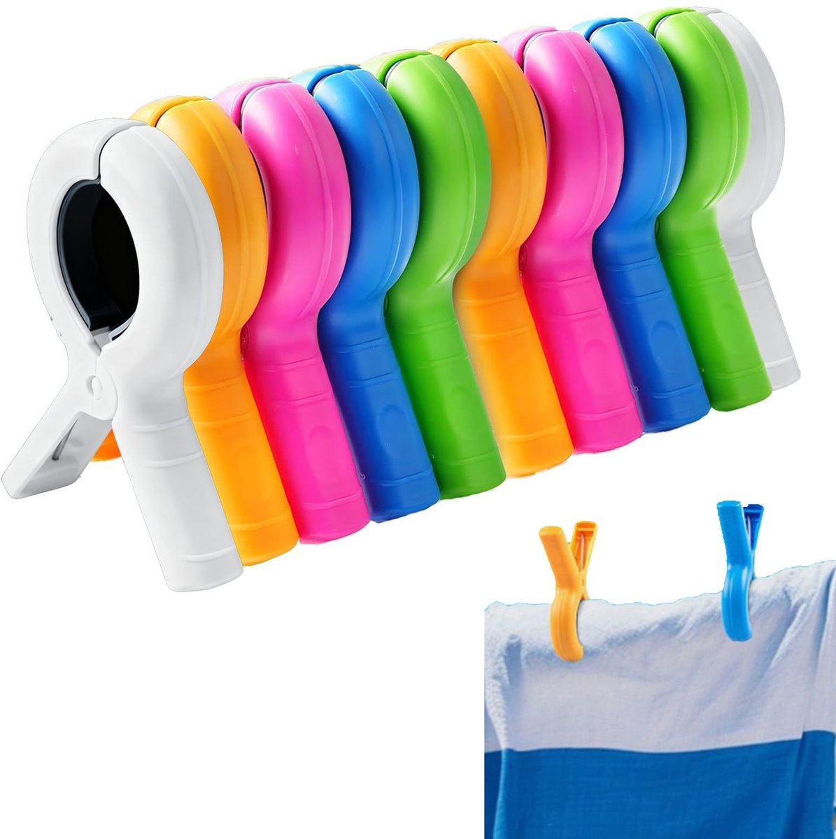 Dailygoods - Wasknijpers groot formaat plastic 10 stuks – Kleurrijke anti-slip klemmen 9,5x7cm – Sterke wasklemmen voor strandhanddoek, kleding, balkon, camping gebruik