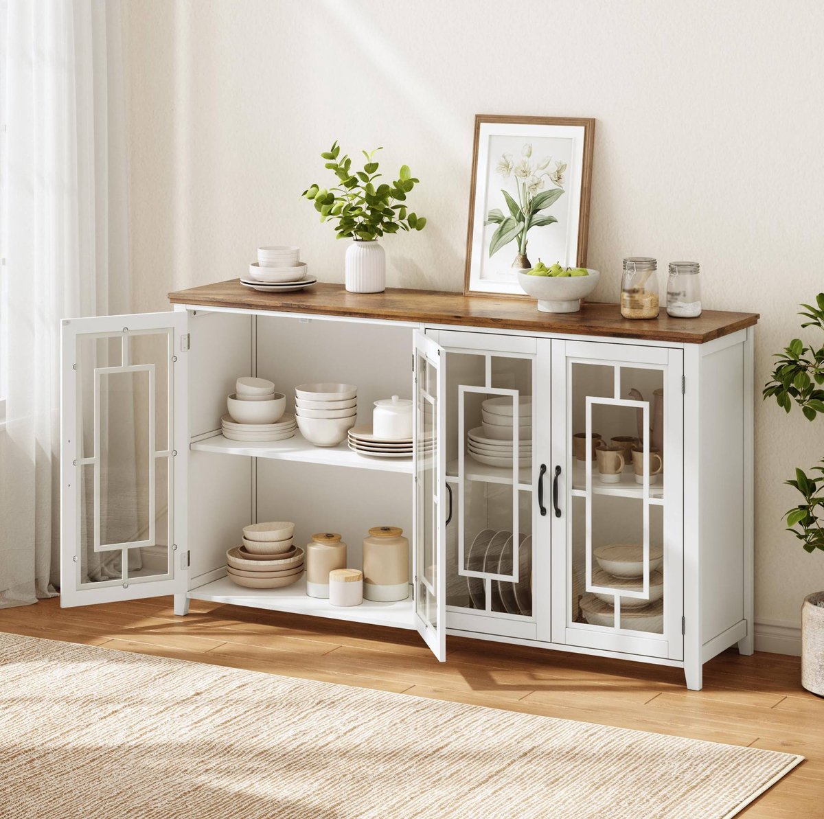 Dressoir 160 Cm Met Glazen Deuren En Houtlook Blad - Grote Opbergruimte Voor Keuken, Eetkamer En Woonkamer - Wit - MDF