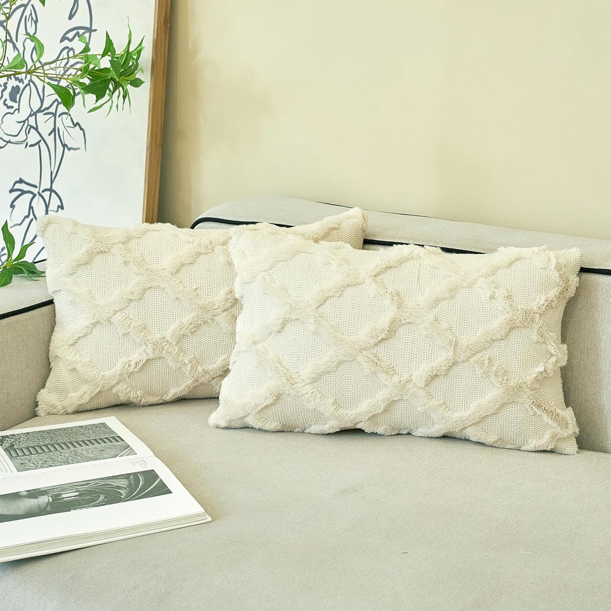& Ci Set van 2 boho-decoratieve kussenslopen, 30 x 50 cm, beige kussen, bankkussen, sierkussen, sierkussen, pluizige kussenslopen, kussenhoes voor bank
