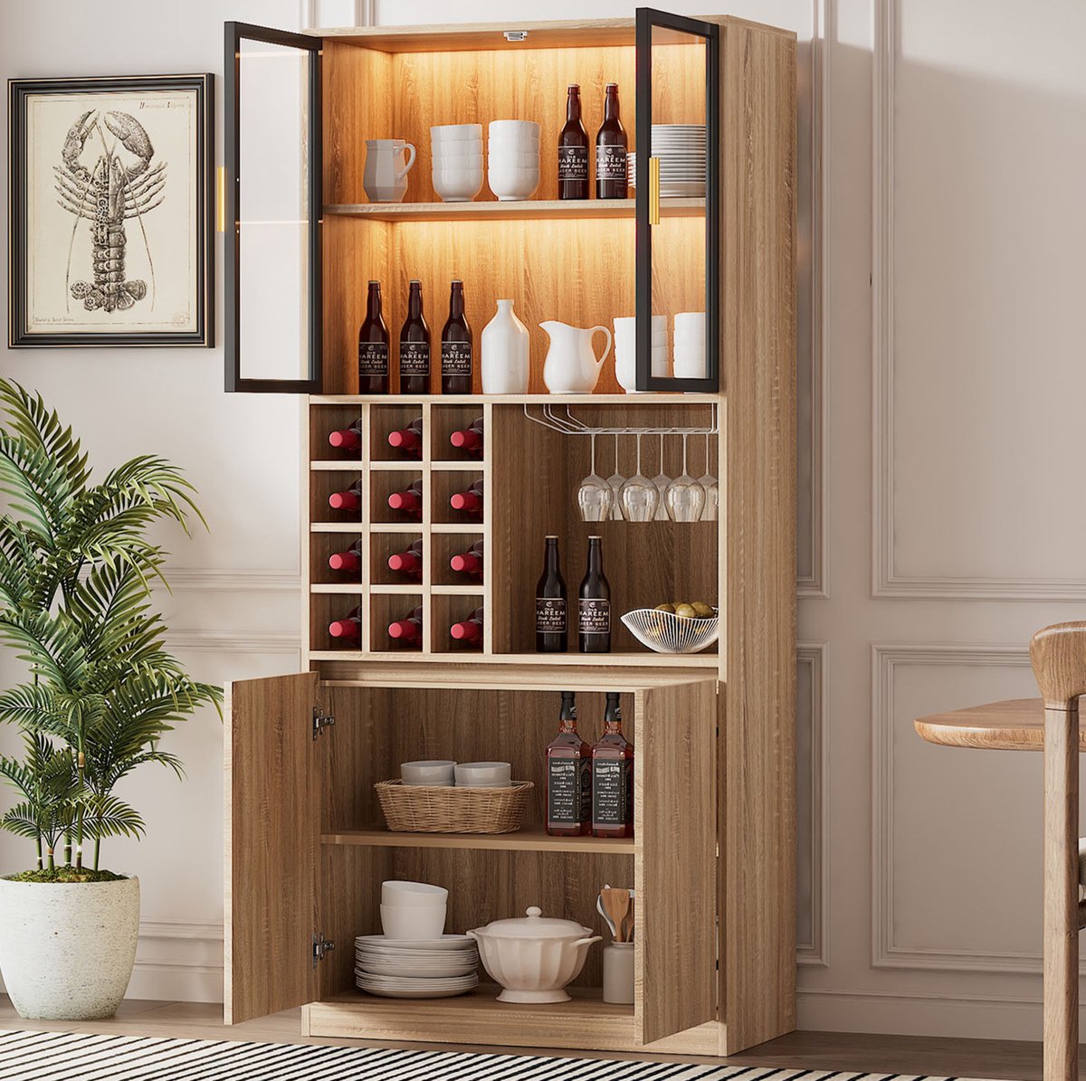 DESMIU Vitrinekast - Met Glazen Deuren En LED Verlichting - Voor Woonkamer, Eetkamer Of Badkamer - MDF - 80x40x180 Cm - Naturel
