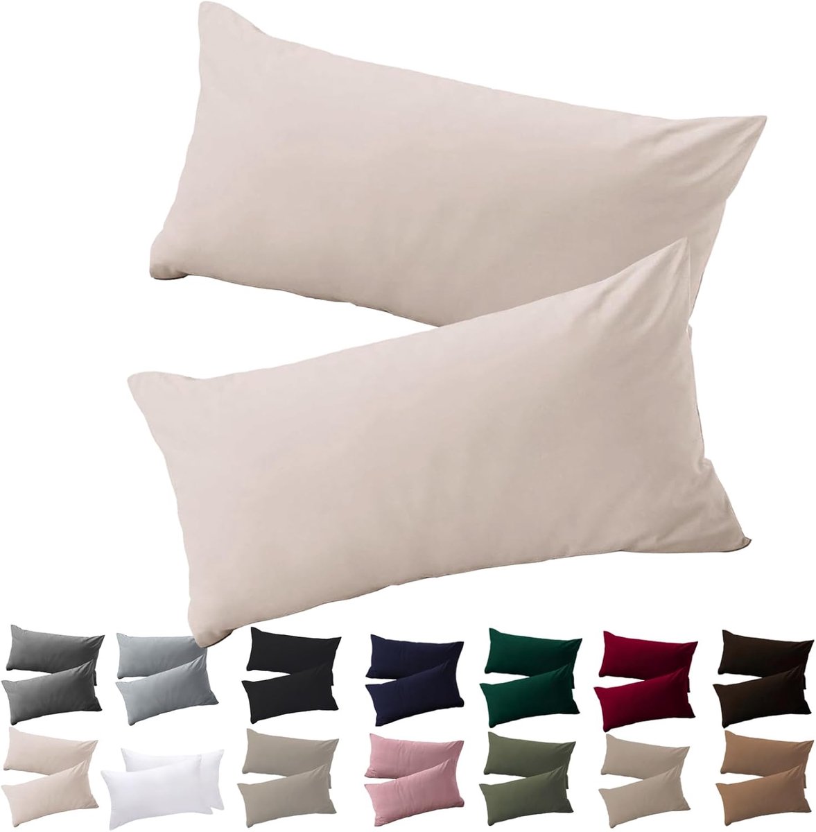 Kussenhoes 40 x 80 cm, set van 2 - kussensloop 40 x 80 cm, beige, 100% microvezel, strijk- en kreukvrij, met rits