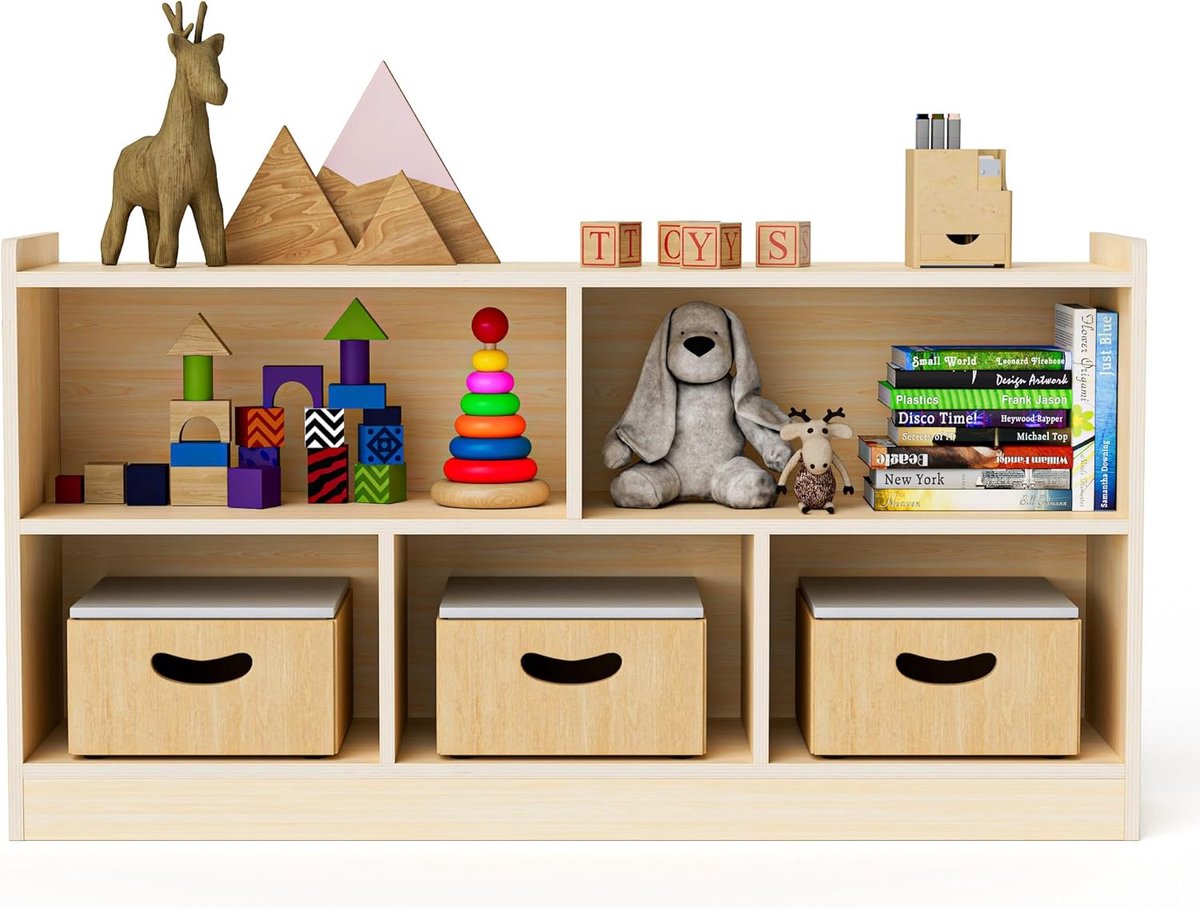 Montessori rek van berkenmultiplex – 5-voudige opbergkast met 2 etages, organizer voor kinderkamer, klaslokaal, kleuterscholen en kleuterscholen
