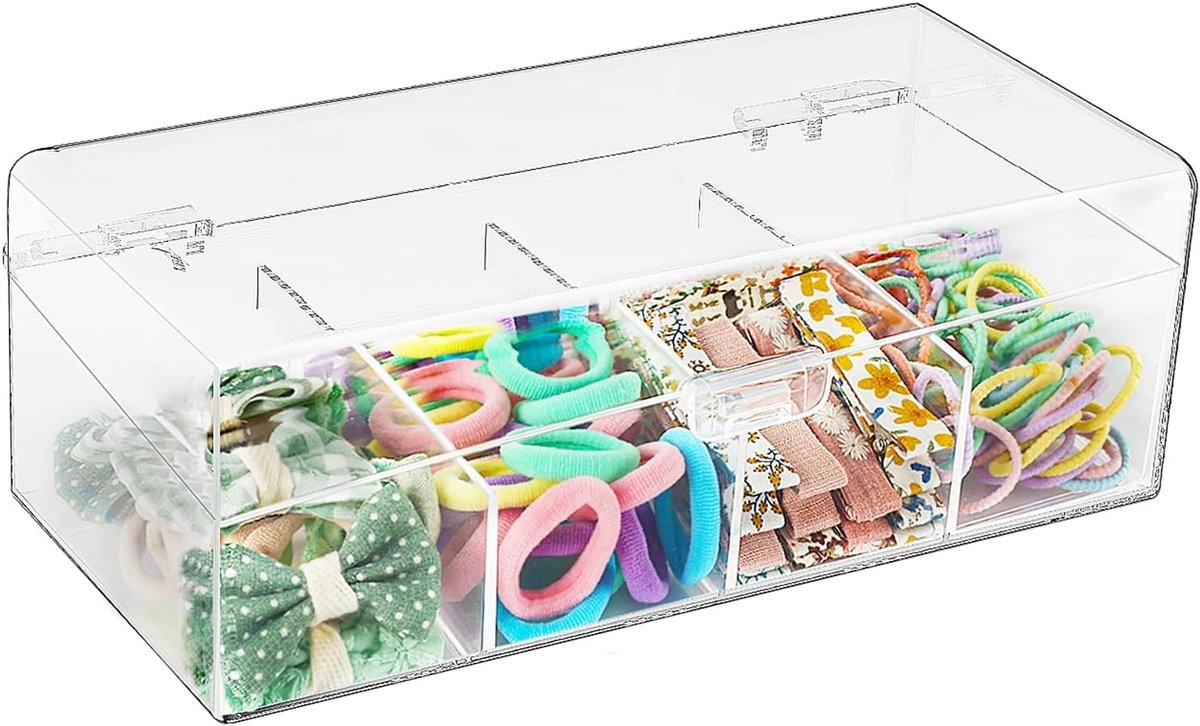 Opbergdoos voor Haaraccessoires, Doorzichtige Acryl Box met Vakken voor Haarclips Scrunchies en Strikjes, Opbergbox voor Badkamer, Slaapkamer of Dressoir (4 Compartiment)