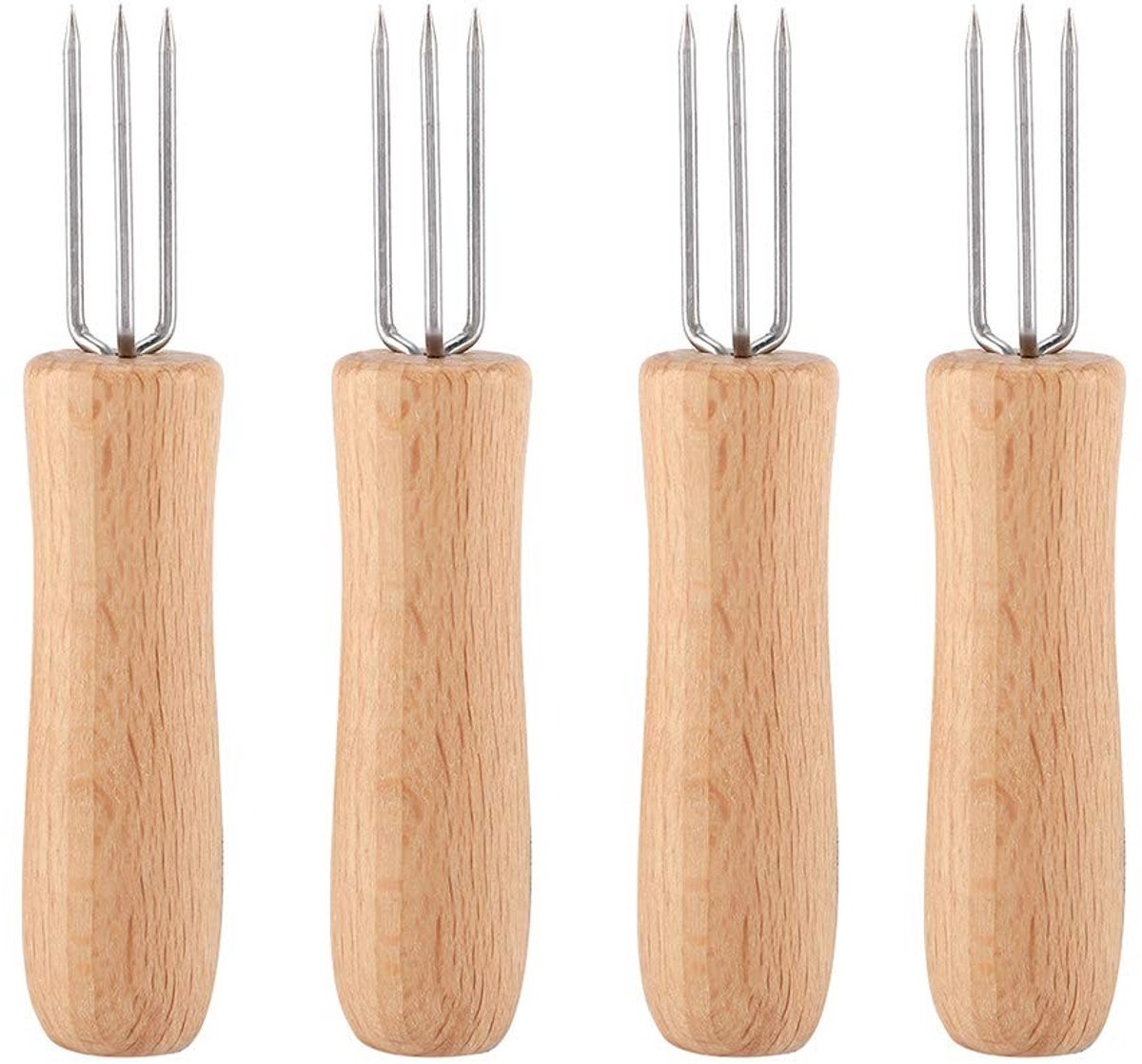 Dailygoods - Maïskolf Houders 4 Stuks Houten Handvat Rvs BBQ Vlees Fruit Vorken Barbecue Maïs Houder Maïs Spiesjes voor Maïskolf Valentijnsdag Cadeau