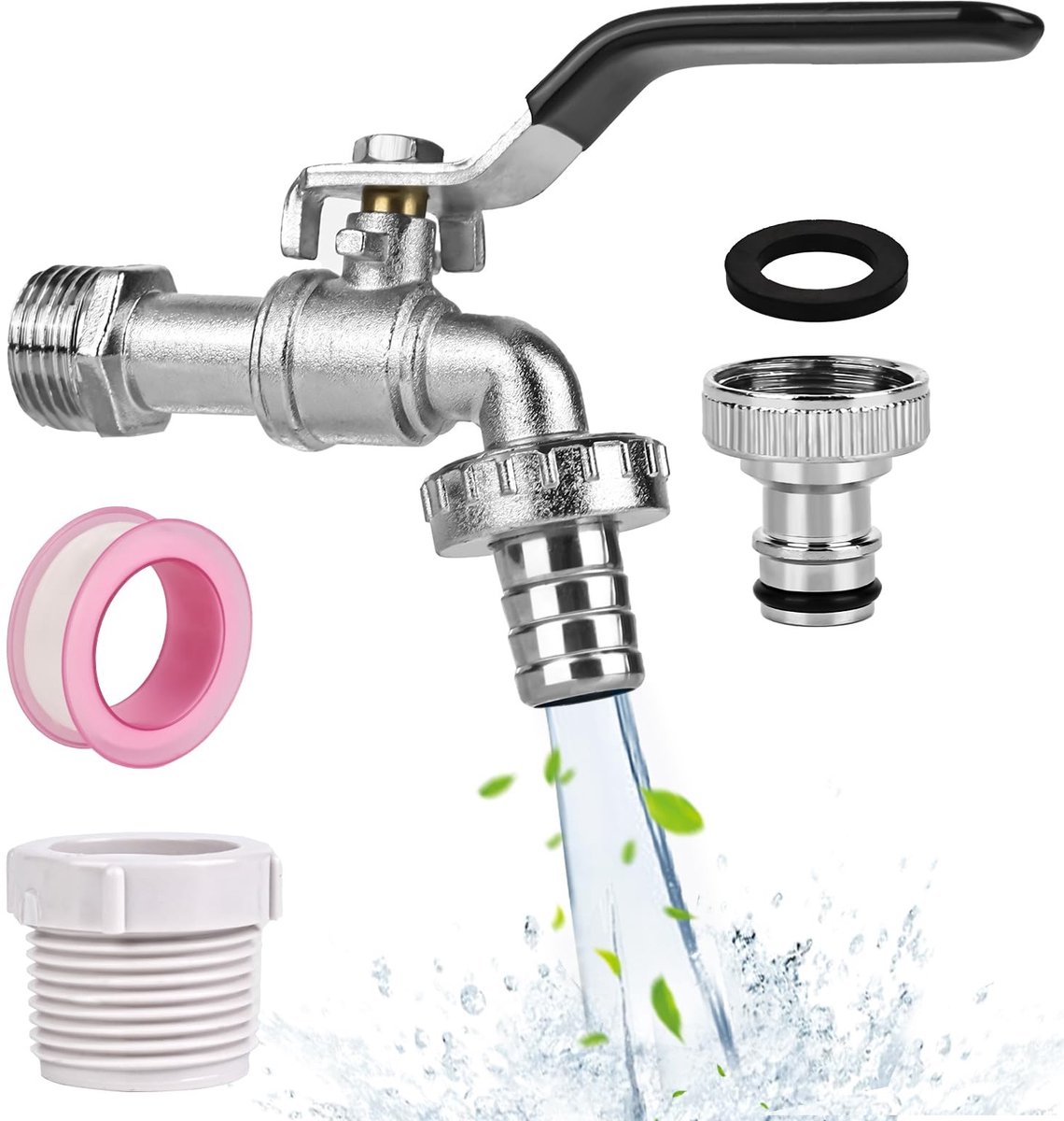 Dailygoods - Tuinwaterkraan, 1/2 inch, van messing, roest- en vorstbestendig, met 2 x gratis slangaansluitingen, 1 x rolafdichtband, afsluitkraan, druppelvrij, afvoerkraan, regenton buitenkraan, afvoerventiel