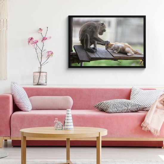 Poster in lijst - Fotolijst 90x60 cm - Posters - Kat - Aap - Hout - Posterlijst zwart - Decoratie - Wanddecoratie woonkamer - Muurdecoratie slaapkamer