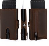 KHYR® Pasjeshouder - Aoraki Brown - Premium Crazy Horse Leer - Uitschuifbaar - RFID bescherming - Muntgeld Ritsvak - Heren Portemonnee - Kaarthouder voor 7 Pasjes - Creditcardhouder voor Pasjes, Briefgeld en Munten - Mannen - Bruin