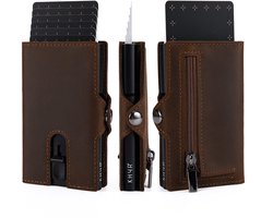 KHYR® Pasjeshouder - Aoraki Brown - Premium Crazy Horse Leer - Uitschuifbaar - RFID bescherming - Muntgeld Ritsvak - Heren Portemonnee - Kaarthouder voor 7 Pasjes - Creditcardhouder voor Pasjes, Briefgeld en Munten - Mannen - Bruin