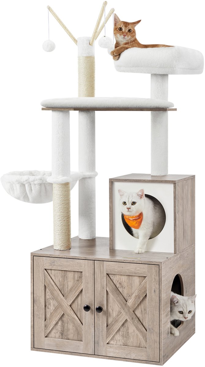 Feandrea - Krabpaal - Houten Krabpaal voor Katten - Moderne Krabpaal - Afneembare Pomponstaven
