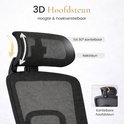 Close-up van de 3D verstelbare hoofdsteun van een zwarte bureaustoel, kantelbaar tot 50 graden.