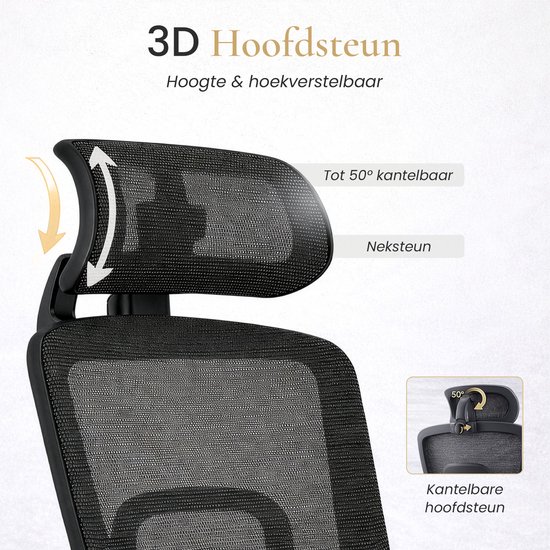 Close-up van de 3D verstelbare hoofdsteun van een zwarte bureaustoel, kantelbaar tot 50 graden.