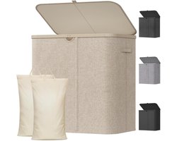 Wasmand met Deksel, Laundry Basket met Verwijderbare Zakken, Grote Opvouwbaar Wasmanden 2 Vakken voor Waskamer, Slaapkamer, Badkamer, Slaapzaal, 145L, Beige