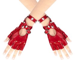 Handschoenen met klinknagels, halve vingers, vingerloos, rock, leren handschoenen voor dames en meisjes, voor dans, hiphop, optredens, paaldansen, cosplay en feesten, rood
