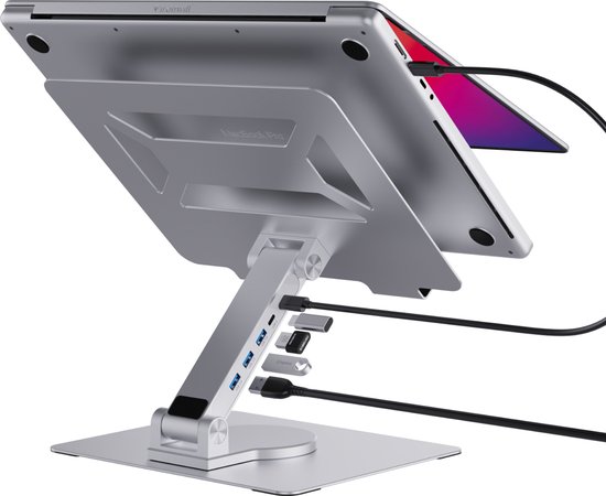 Ironwill® - Support pour ordinateur portable avec Hub USB 5 Portes - Argent - Rotatif à 360° - Ergonomique - Ajustable - 10-17 pouces - Aluminium - SuperSpeed ​​​​USB 3.0