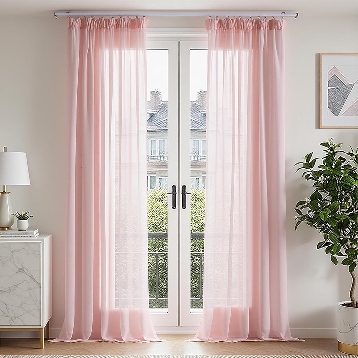 Gordijnen met plooiband Transparante gordijnen H225xB140 cm Set van 2 Gordijnen Woonkamer Modern Gordijnen Slaapkamer Gordijnschals Raamdecoratie Overgordijnen Raamgordijn Roze