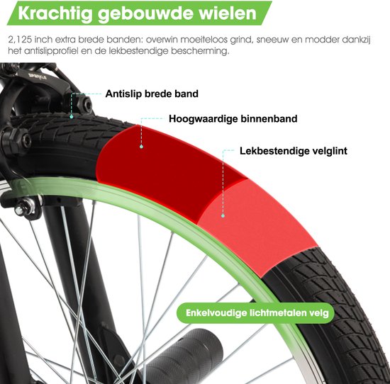 Close-up van een wiel van de groene kinder BMX fiets met extra brede band en lek bestendige velg.