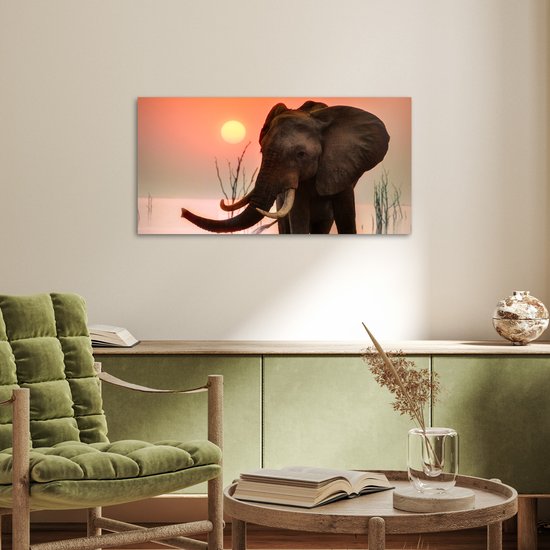 Poster 80x40 cm - Olifant - Dieren - Water - Zonsondergang - Posters - Kamer decoratie - Wanddecoratie woonkamer - Muurdecoratie slaapkamer