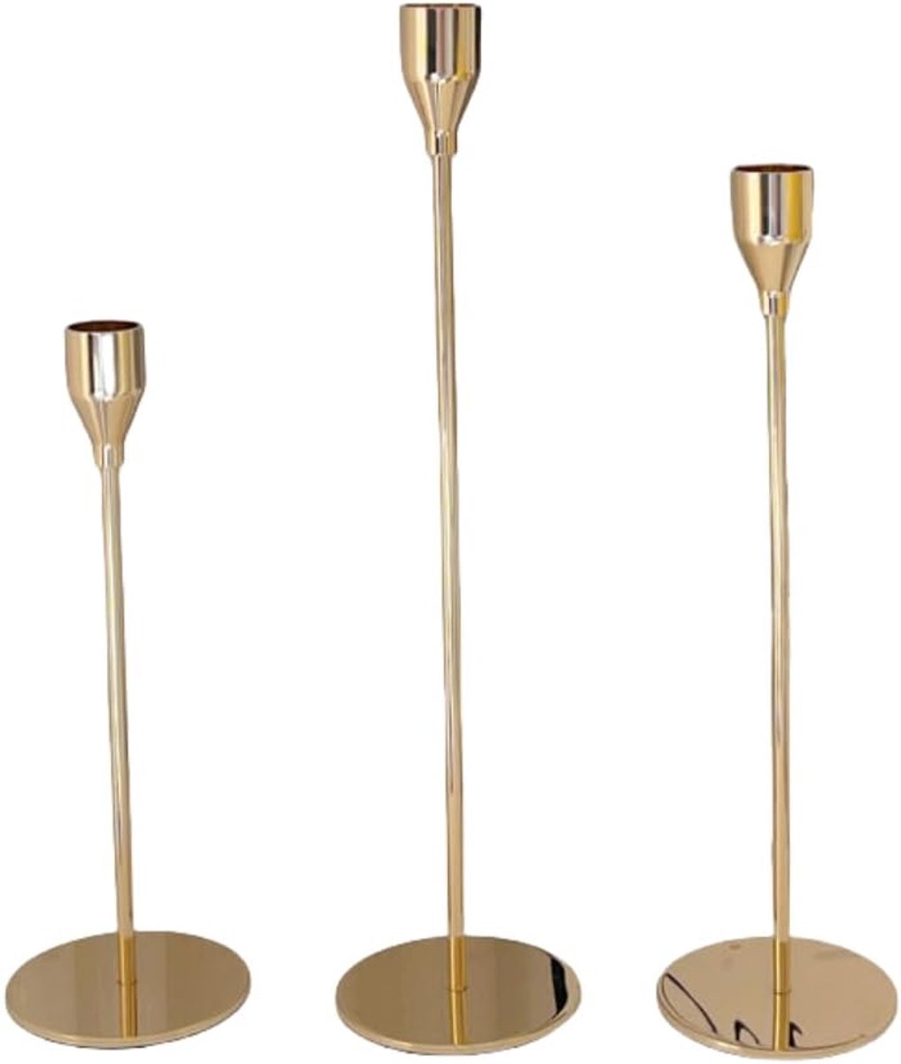 Kaarsenhouder goud voor staafkaarsen 3-delige set | 33/28/23 cm staaf kandelaar metalen kaarsenlicht diner, woondecoratie, bruiloft vintage decoratief
