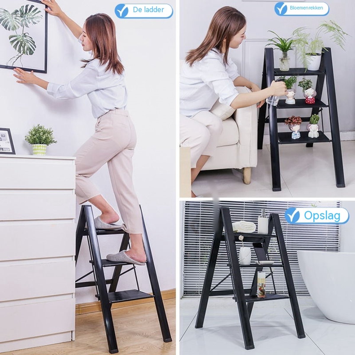 Huishoudtrap 3 Treden - Opstapje 3 Treden - Vouwladder-Keukentrap – Brede Treden –Antislip – Lichtgewicht - Opklapbaar - Keuken - 150 kg- 1 Stuk-Zwart – foto 5