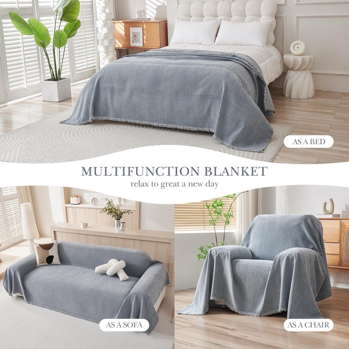 SnelShoppen - Luxe 100% Chenille Natuurlijke Grote Deken voor 3-4 Zits Bank - Extra Grote Plaid 220 x 340 cm in Blauw - Zachte Plaid voor Stoel, Bank