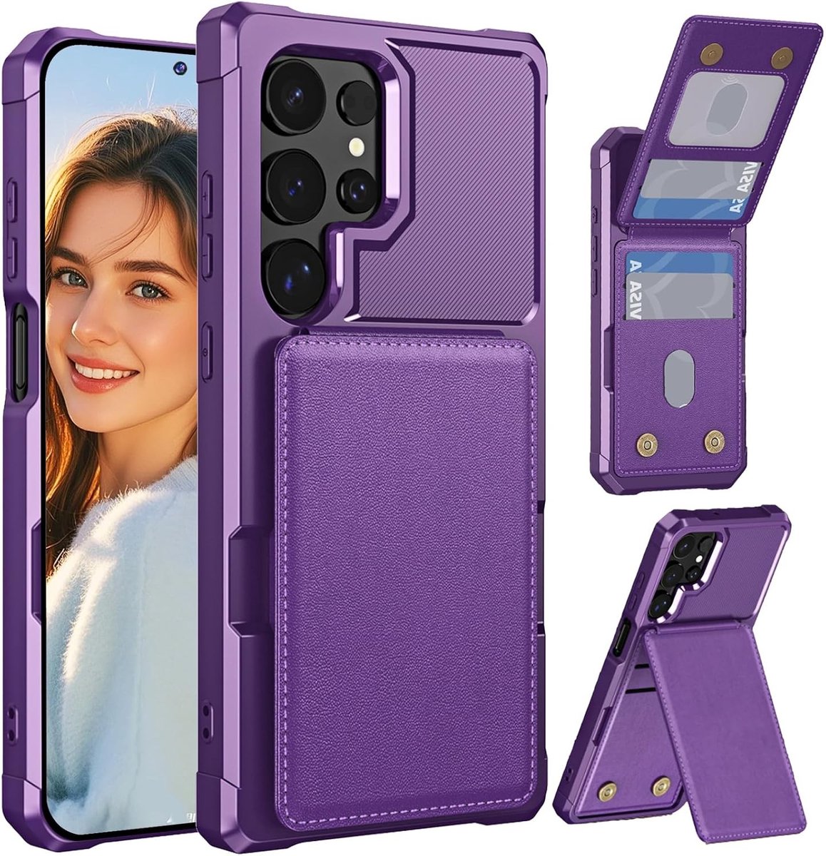 Case met Kaarthouder voor Samsung Galaxy S25 Ultra - Militaire Bescherming, Schokbestendig en Krassenbestendig Design in Paars