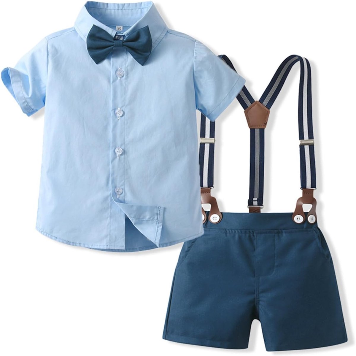 SnelShoppen - Volunboy Baby jongen zomer kleding set - peuter gentleman pak met vlinderdas, shirt & bretels, blauw marine, 2-3 jaar, feestkleding, for
