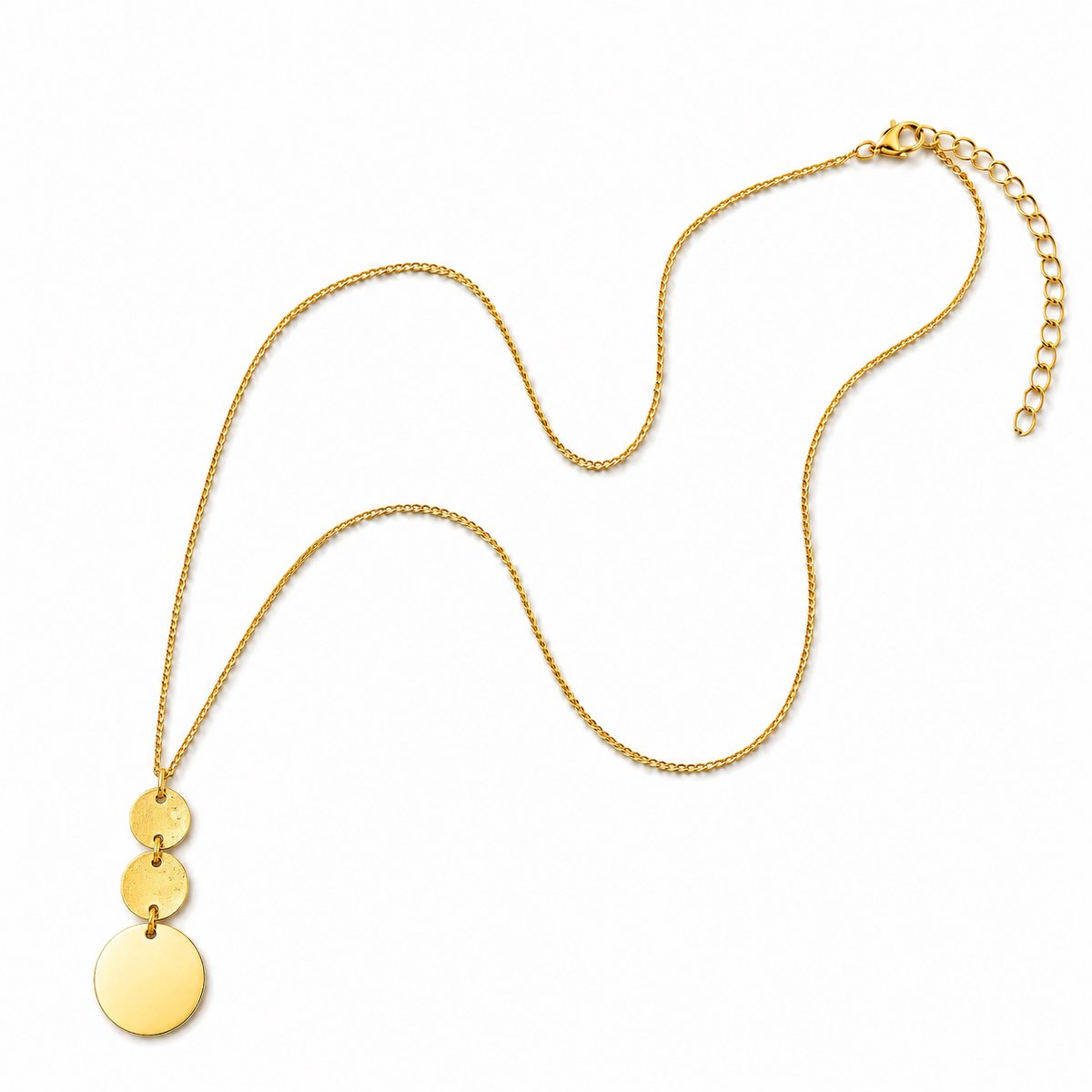 Marama Solis Gouden Ketting – Lange Stainless Steel Damesketting met Drie Ronde Hangers – Premium Kwaliteit - Nikkelvrij – Verstelbaar 75 + 7 cm