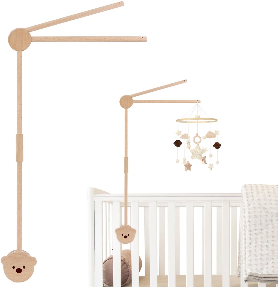 SnelShoppen - Houten Mobiele Houder voor Babybed met Verstelbare Hoogte - Kinderen Decoratie voor Ophangen van Windgong, Bedbel en Speelgoed - Perfect