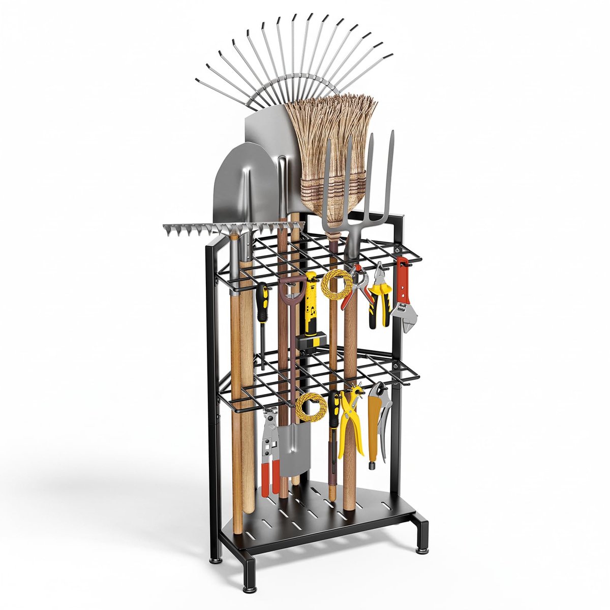 SnelShoppen - Jradse Tuingereedschapsorganizer voor Garage, Hoekgereedschapshouder tot 34 Handgrepen en 14 Haken, Robuust Staal met Verstelbare Poten