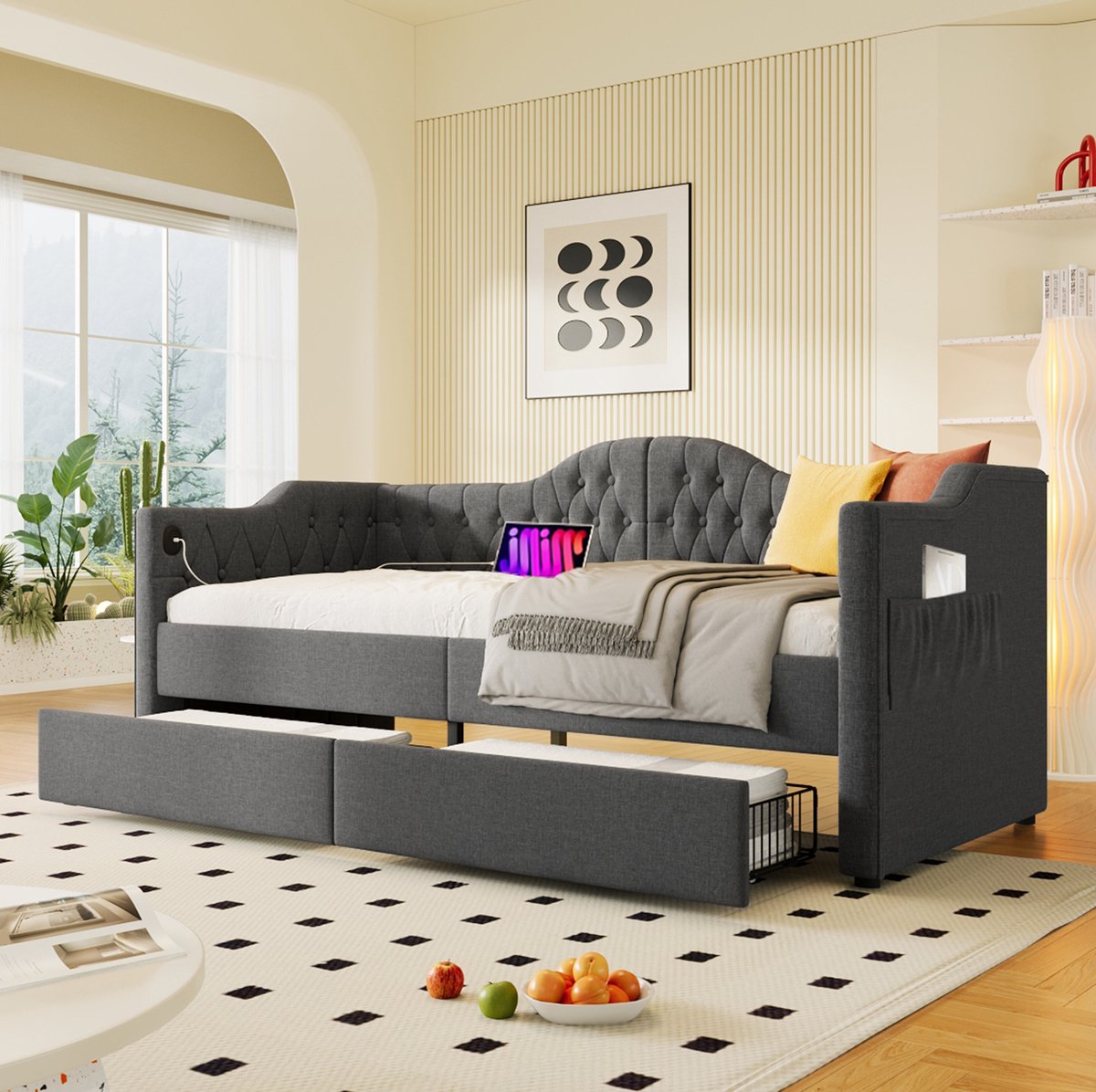 COVREO Bedframe 90x200 cm grijs met USB Type-C, 2 lades, zonder matras