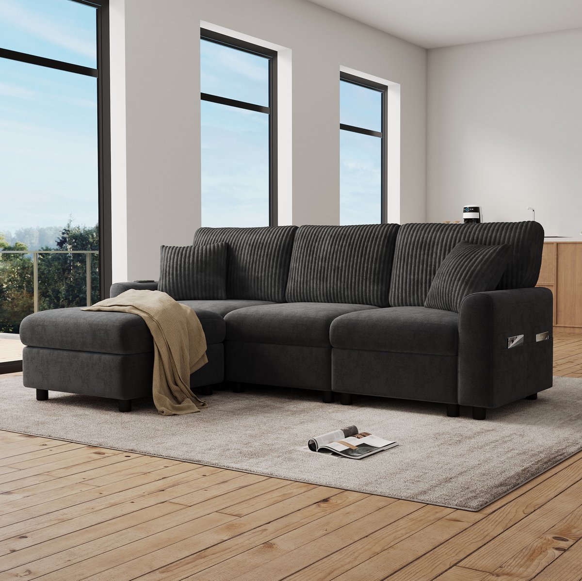 REDOM Bank - Hoekbank - Chenille en corduroy bekleding - Met 1 voetbank en 2 kussens - USB- en Type-C-poort - Design - Woonkamer - Zwart - 223 x 146 x 84 cm