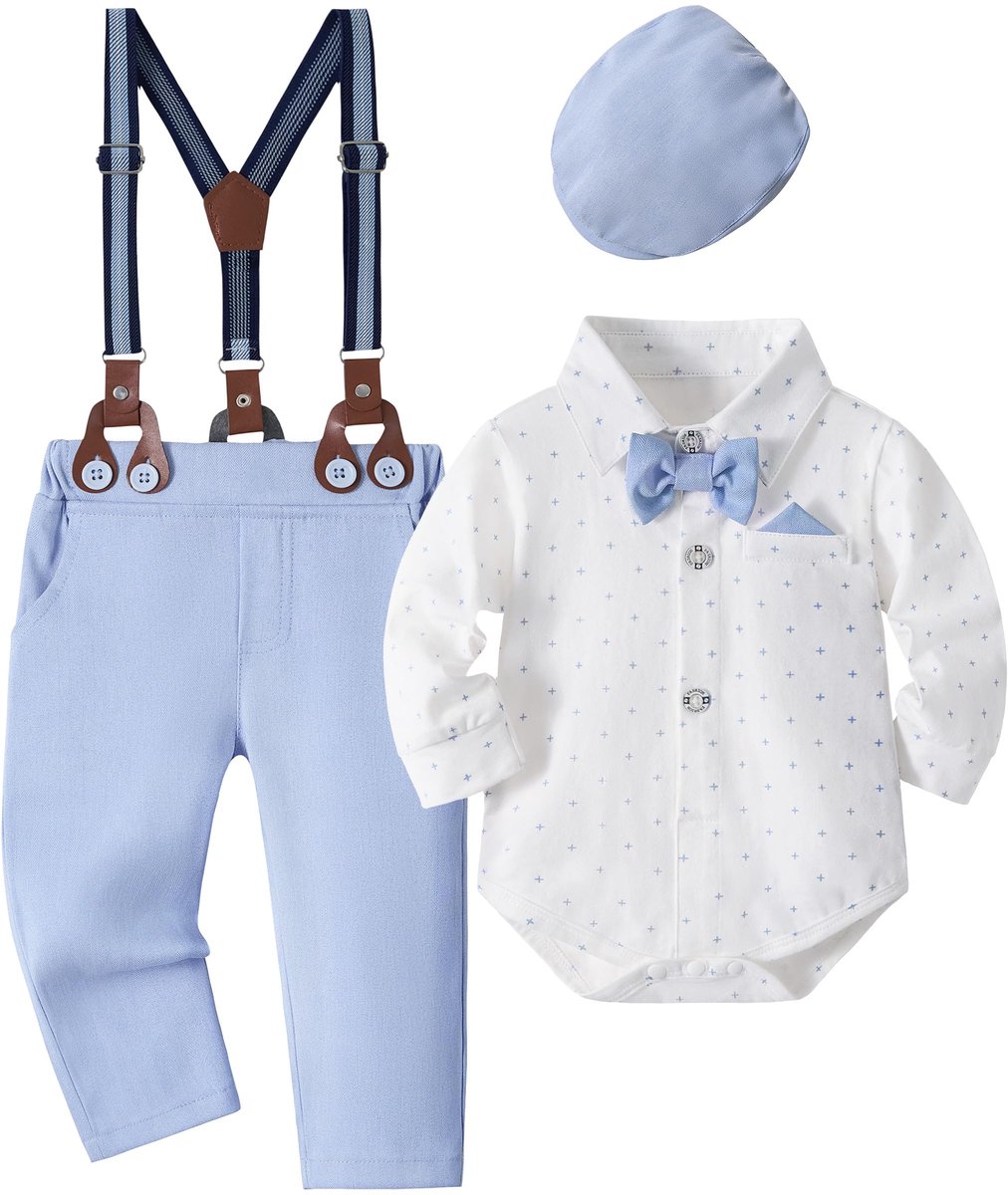 SnelShoppen - Volunboy Babypak voor jongens, hemelsblauwe kledingset met vlinderdas en bretels, romperpak en broek, 3-6 maanden, feestkleding voor bab