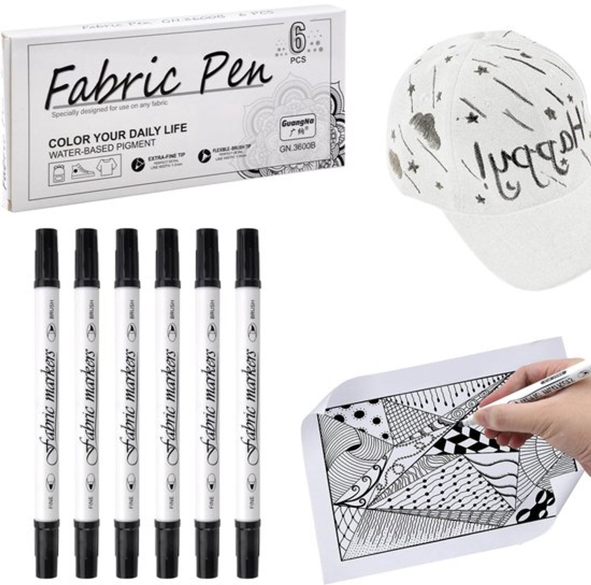 Textielstiften 6 stuks - Wasmachinebestendig - Dubbele tip - Niet-giftig - Permanent - Lijndikte 1-5 mm - Stofmarkers