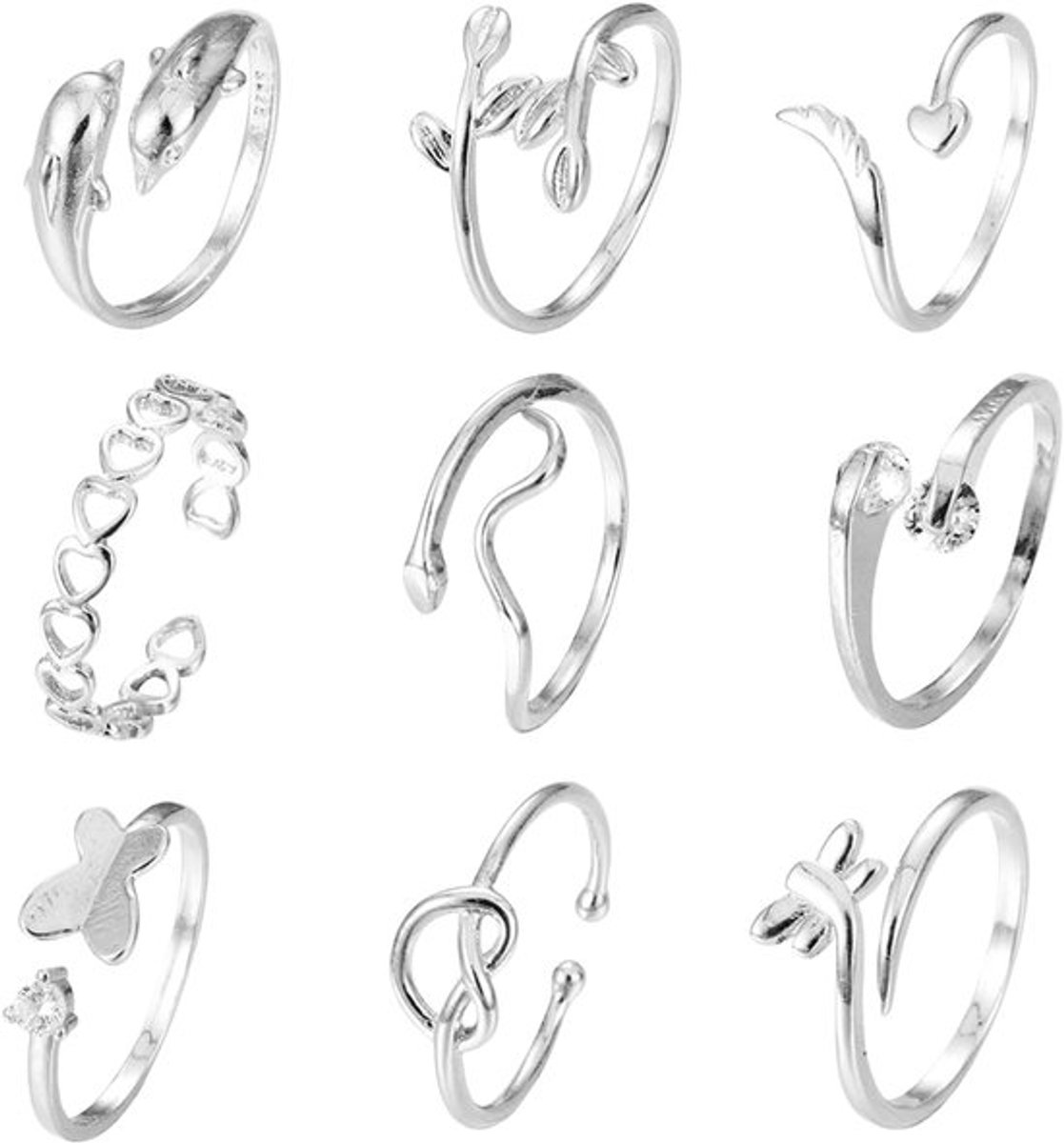 Tenenringen 9-delige set - Verstelbare open ringen - Niet-vervagende sieraden - Strandversiering - Zwart sieraden zakje - Modieuze ontwerpen