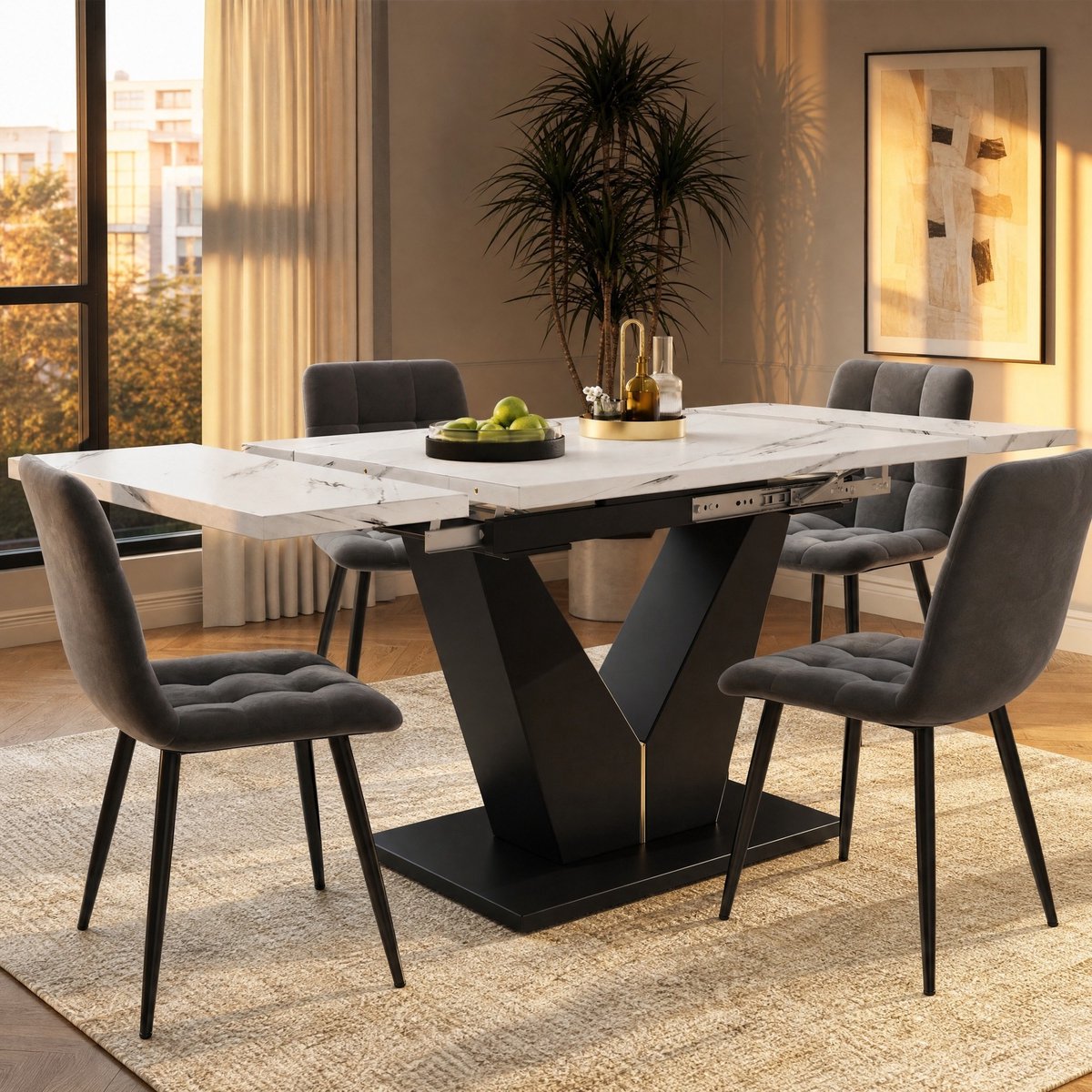 MEUNIQ uitschuifbare eettafel 99-159 x 75 x 75 cm met witte marmerlook MDF tafelblad, zwarte V-vormige metalen poten en metalen geleiders voor eetkamer of thuiskantoor