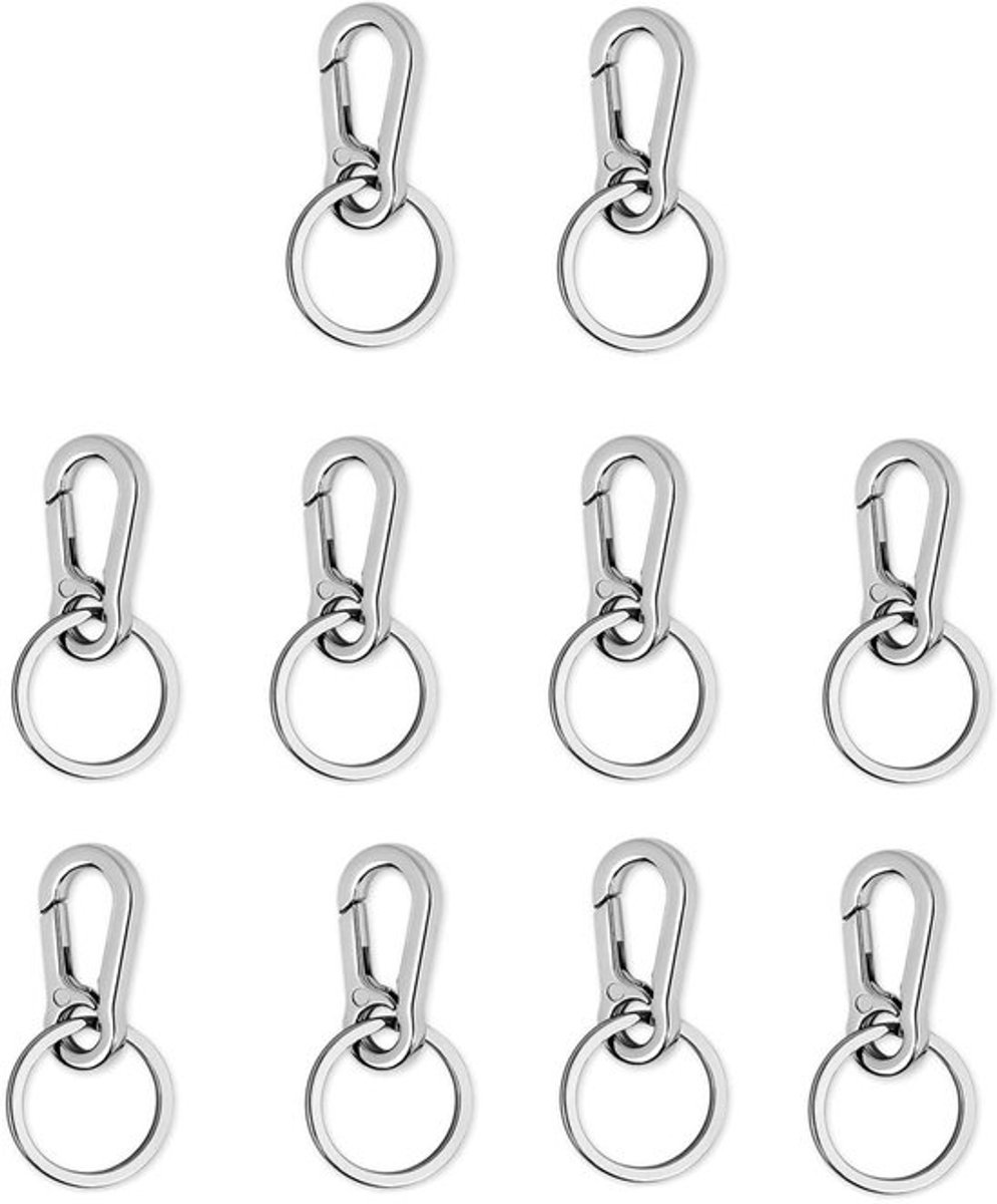 Karabijnhaak, sleutelhanger met sleutelring, 10 stuks, karabijnhaken, sleutelhanger, karabijnsluiting, afneembare karabijnhaken voor mannen en vrouwen, zilver