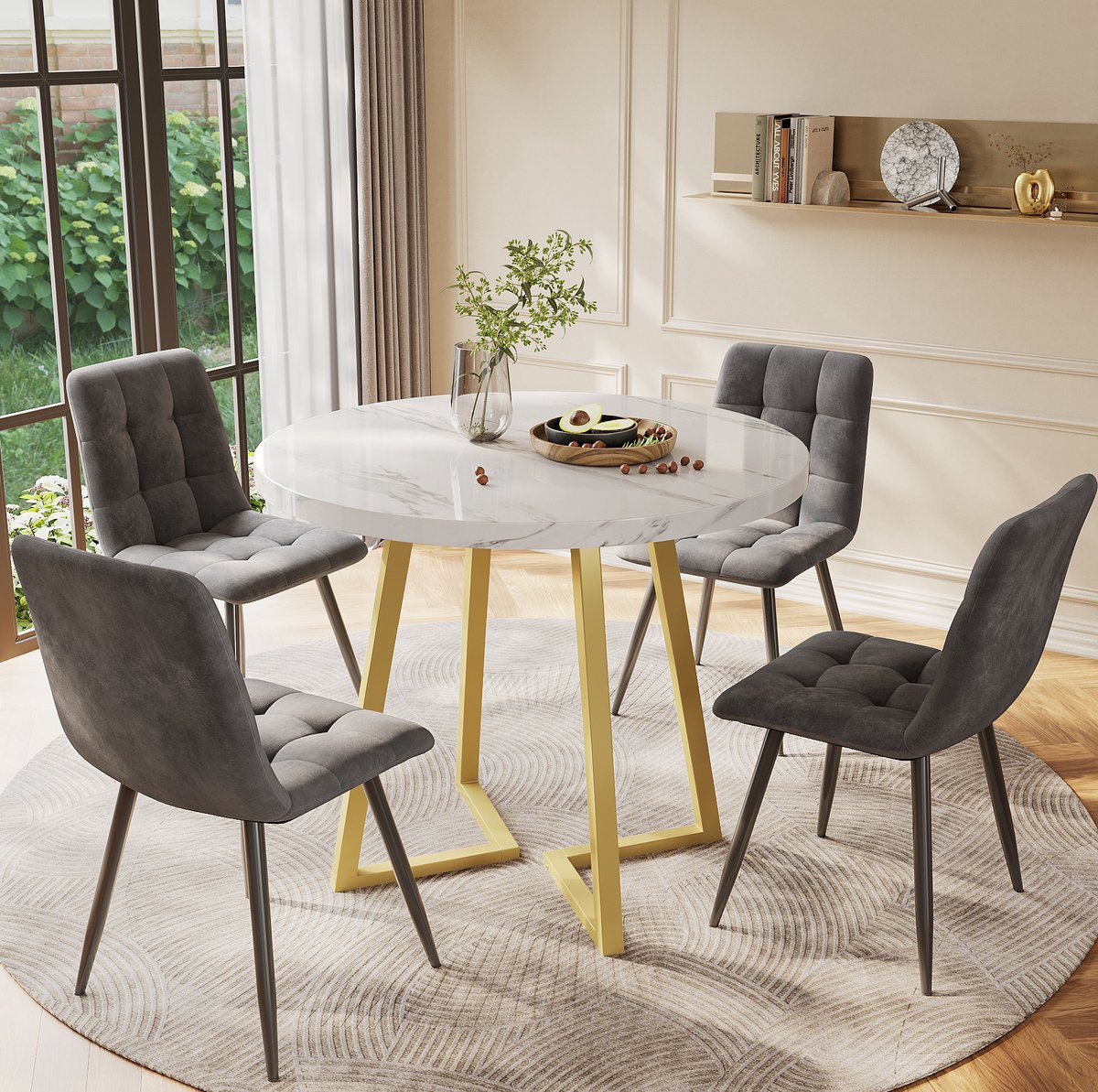 MEUNIQ 5-delige eettafelset met 4 stoelen, ronde eettafel 80 cm, wit marmerlook tafelblad, gouden metalen poten en grijze fluwelen eetkamerstoelen